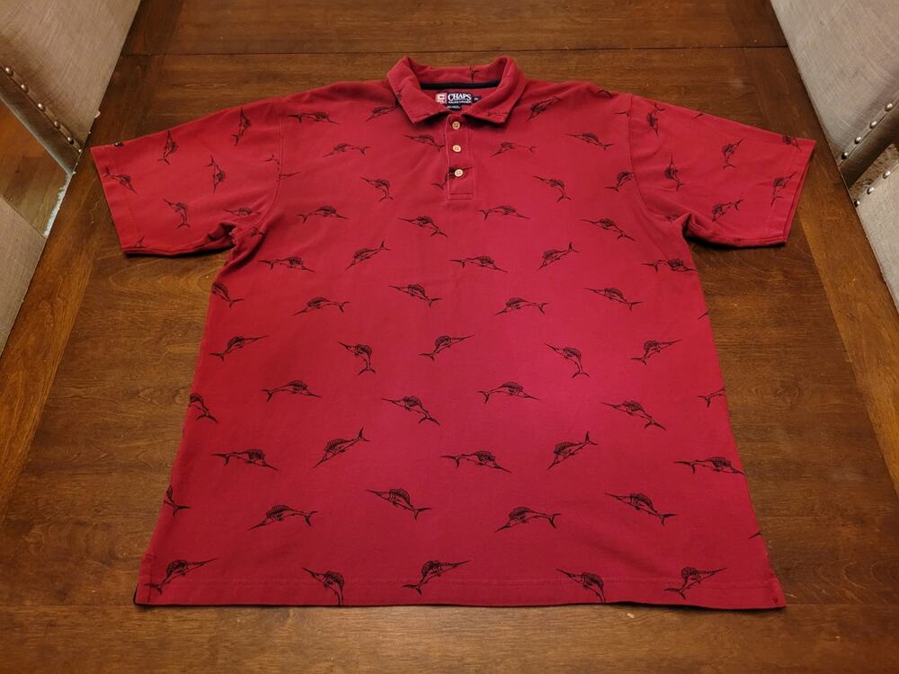 Vintage Chaps Ralph Lauren Polo Shirt Red Marlin Swordfish All Over Print EUC XL
